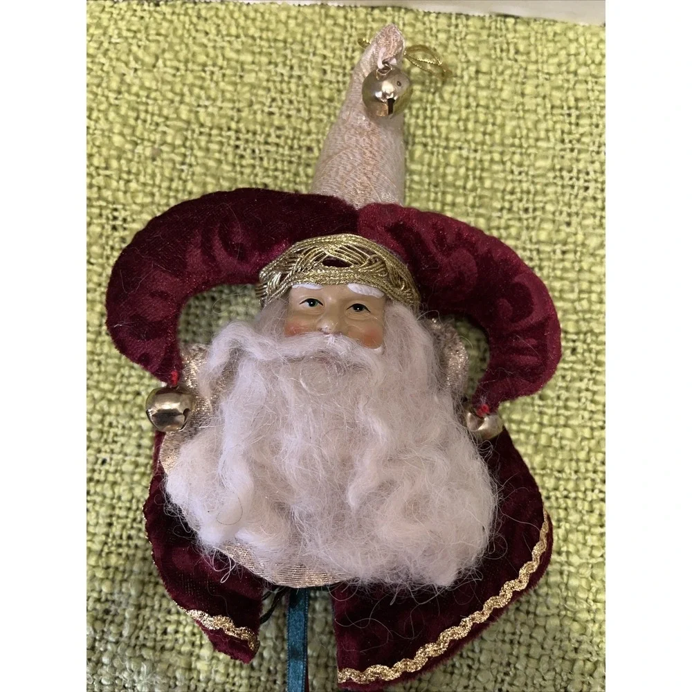 Santa Head Ornament , Velvet Jester Hat ,‎ Jingle Bells And Ribbon